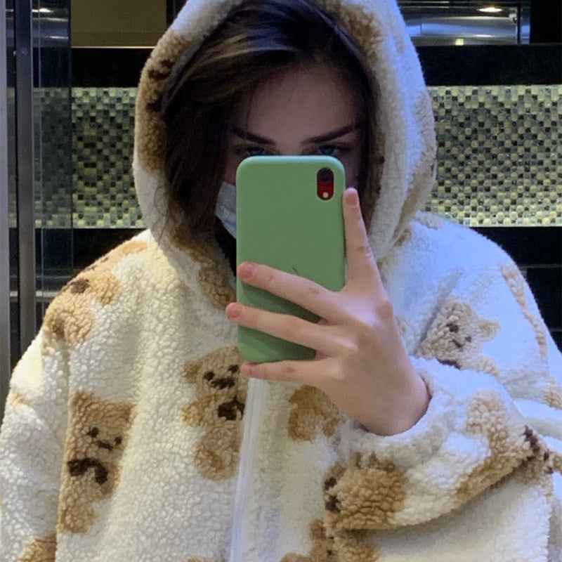 Cartoon Bear Lamb Wool Zip Up Hoodie Women&#39;s Sweatshirts Casual Oversized Brown Winter Clothes Women Jackets Cute Korean Coats