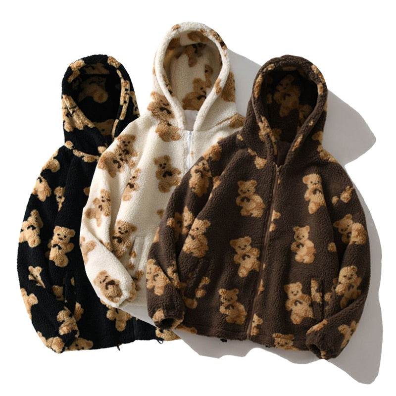 Cartoon Bear Lamb Wool Zip Up Hoodie Women&#39;s Sweatshirts Casual Oversized Brown Winter Clothes Women Jackets Cute Korean Coats