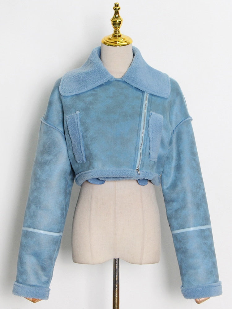 TWOTWINSTYLE Casual Colorblock Patchwork Coat For Women Lapel Collar Long Sleeve High Waist Slim Short Coats Female 2021 Autumn