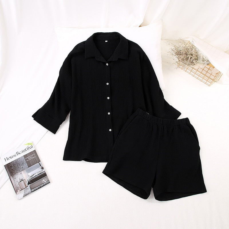 Cotton Pajamas For Women Sets Suit Casual Sleepwear Turn-Down Collar Nine Quarter Sleeve Sleep Tops Shorts Female Homewear