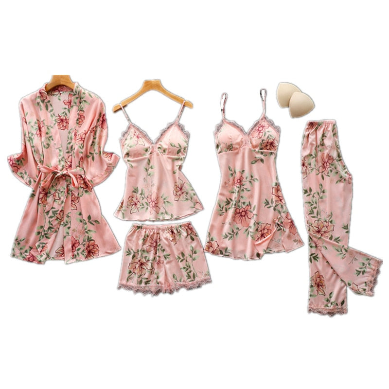 Pink Pajamas Sets Womens Strap Top Pants Sleepwear Suit Spring Autumn Home Wear Nightwear Kimono Robe Bath Gown M-XXL