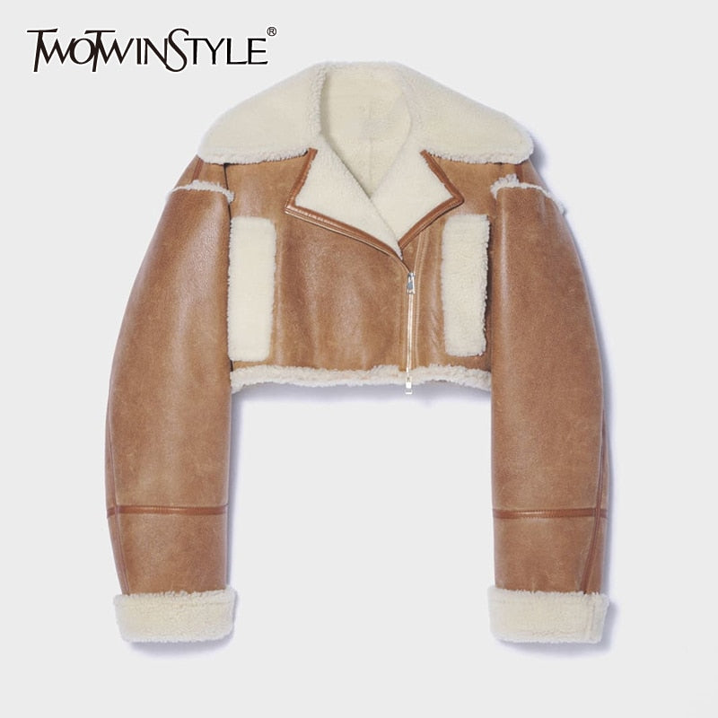 TWOTWINSTYLE Casual Colorblock Patchwork Coat For Women Lapel Collar Long Sleeve High Waist Slim Short Coats Female 2021 Autumn