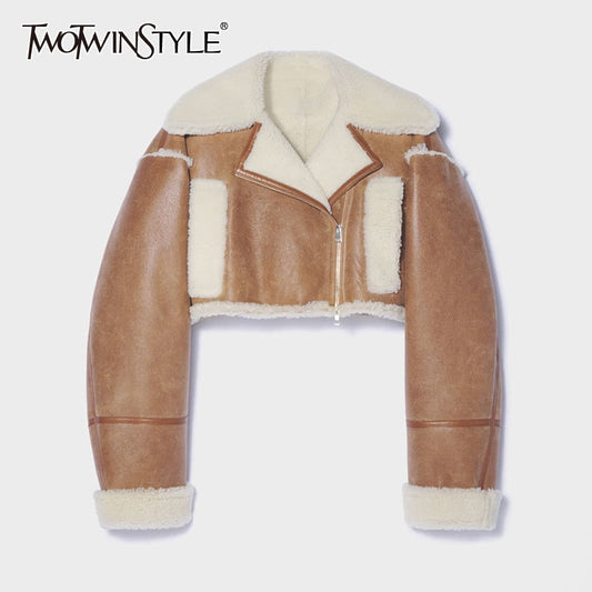 TWOTWINSTYLE Casual Colorblock Patchwork Coat For Women Lapel Collar Long Sleeve High Waist Slim Short Coats Female 2021 Autumn