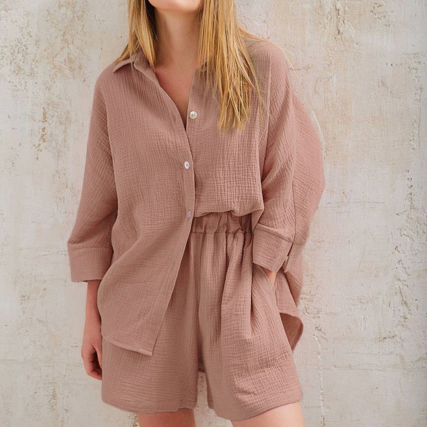 Cotton Pajamas For Women Sets Suit Casual Sleepwear Turn-Down Collar Nine Quarter Sleeve Sleep Tops Shorts Female Homewear