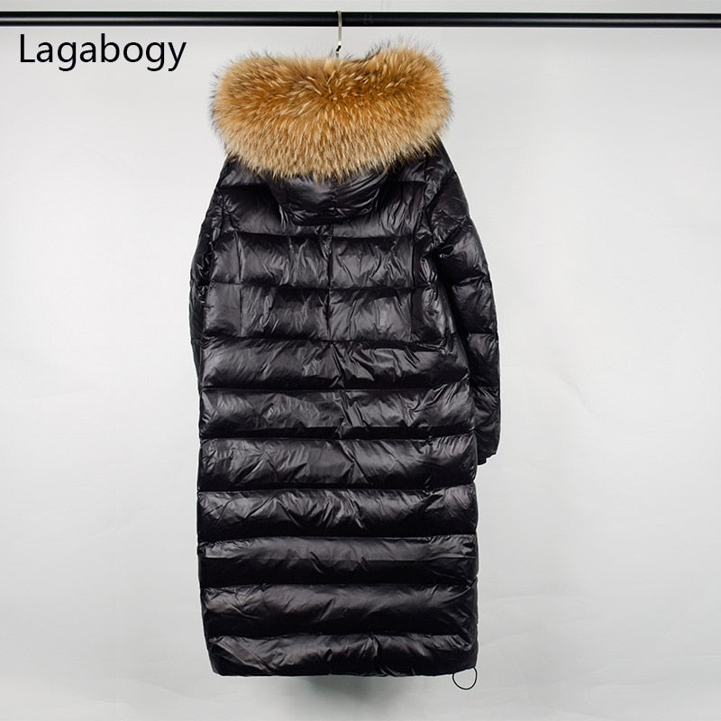 Lagabogy Long Puffer Jacket Women 2021 Large Real Raccoon Fur Hooded 90% Duck Down Coat Waterpoof Female Shiny Parkas Oversize