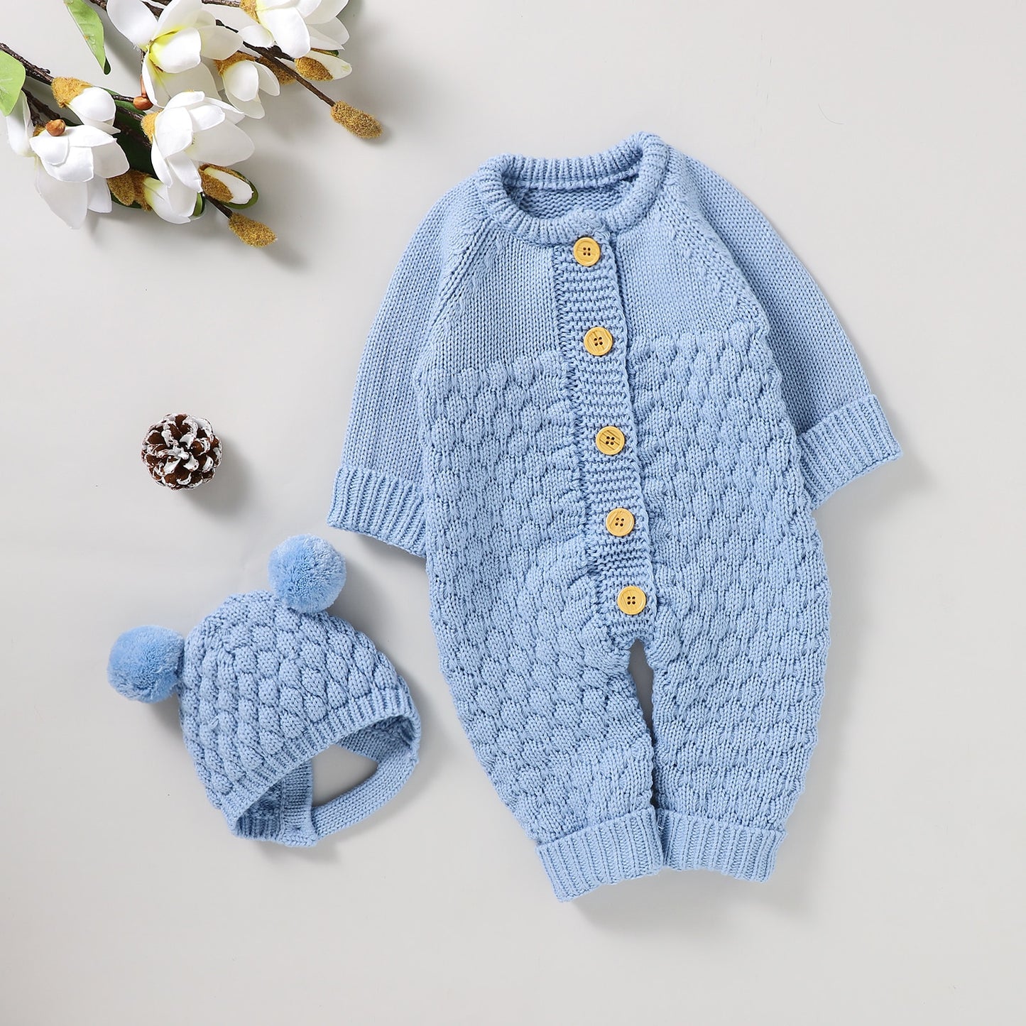 Baby Rompers Caps Clothes Sets Newborn Girl Boy Knitted Jumpsuits Outfits Autumn Winter Long Sleeve Toddler Infant Overalls 2pcs