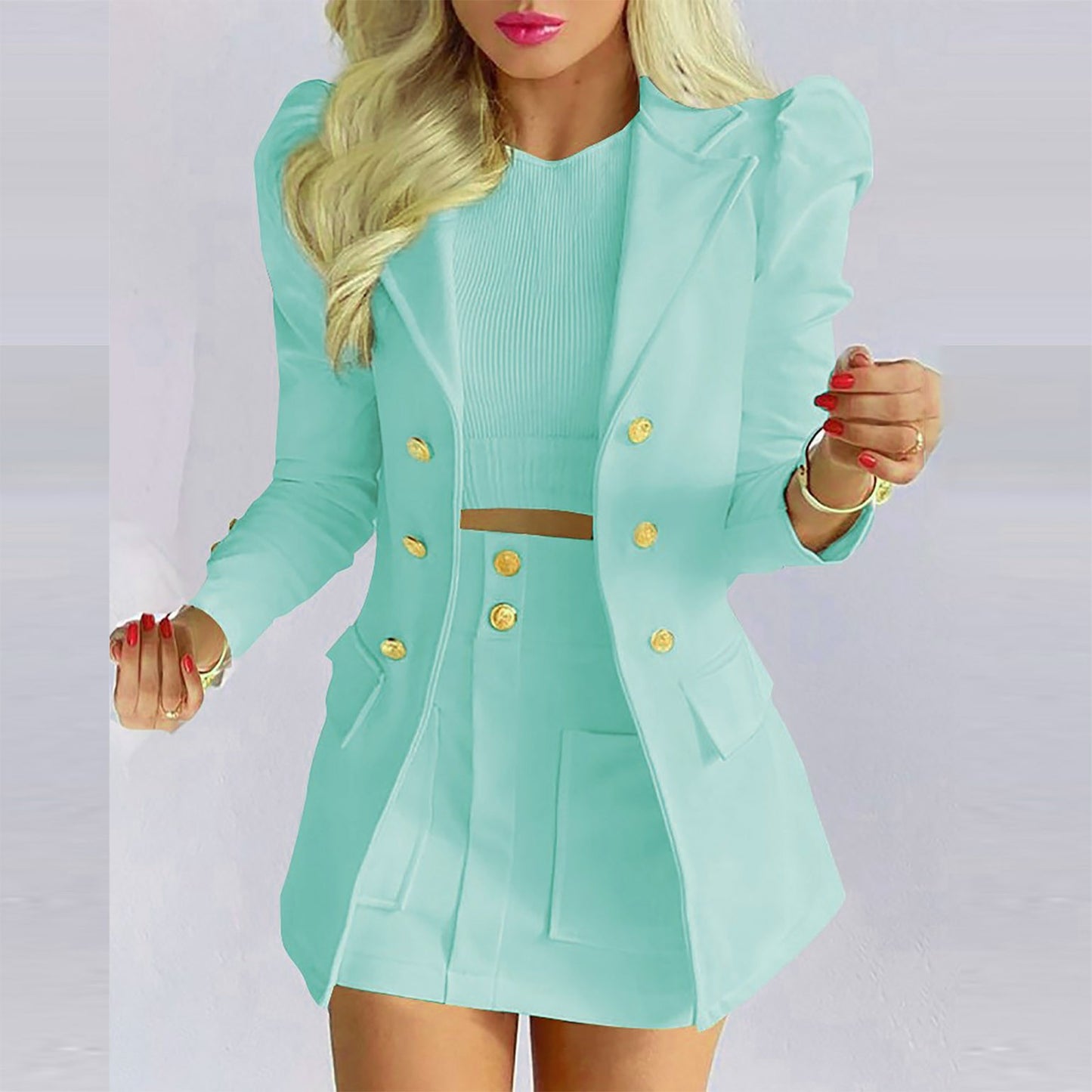 Elegant Knit Plaid Blazer Cardigan + Two Piece Set Vintage Metal Button Lady Suits