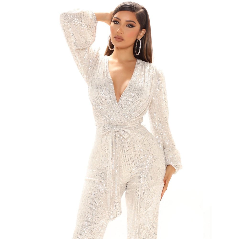Sexy V Neck Puff Sleeve Sequined Bind Wide-legged Jumpsuit Romper Overalls