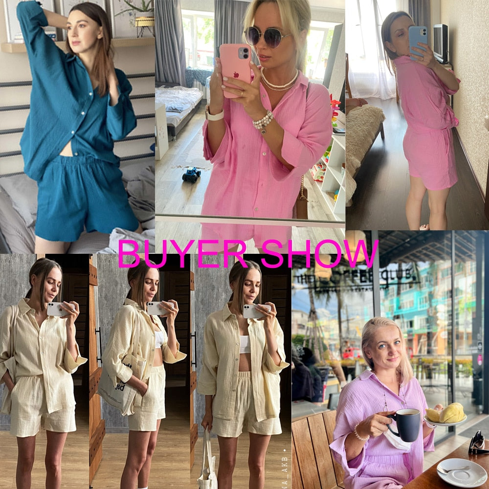 Cotton Pajamas For Women Sets Suit Casual Sleepwear Turn-Down Collar Nine Quarter Sleeve Sleep Tops Shorts Female Homewear