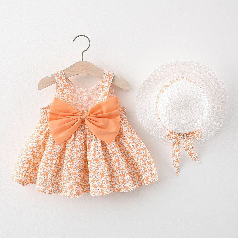 2pcs Summer Baby Girls Beach Princess Dress Cute Bow Flowers Sleeveless Cotton Toddler Dresses+Sunhat Newborn Clothing Set