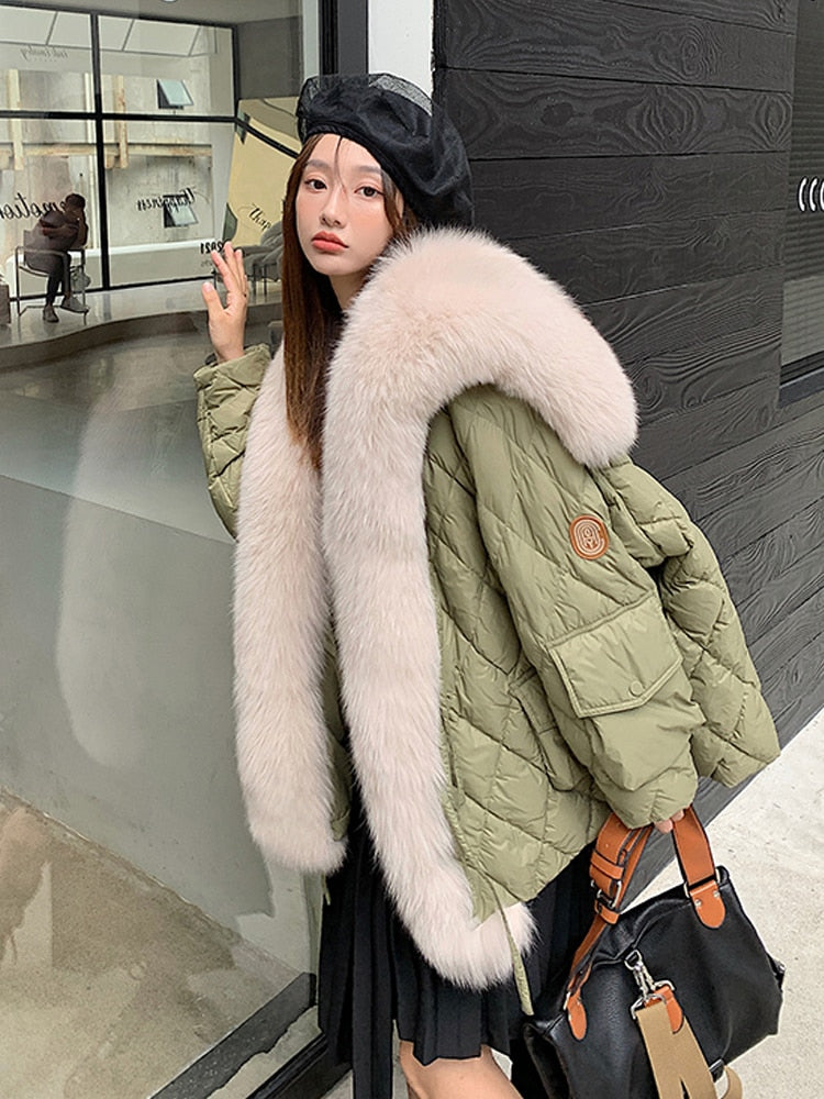 Janveny Big Luxury Real Fox Fur Collar 2022 Women Winter Down Jacket 90% Duck Down Coat Puffer Feather Female Parka Snow Outwear