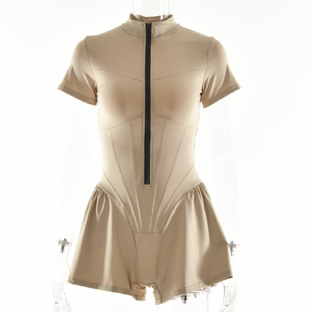 Mozision Autumn Sexy Bodycon Playsuit Women Jumpsuit O Neck Short Sleeve Zipper Bodysuit Female Elegant Slim Playsuits Rompers