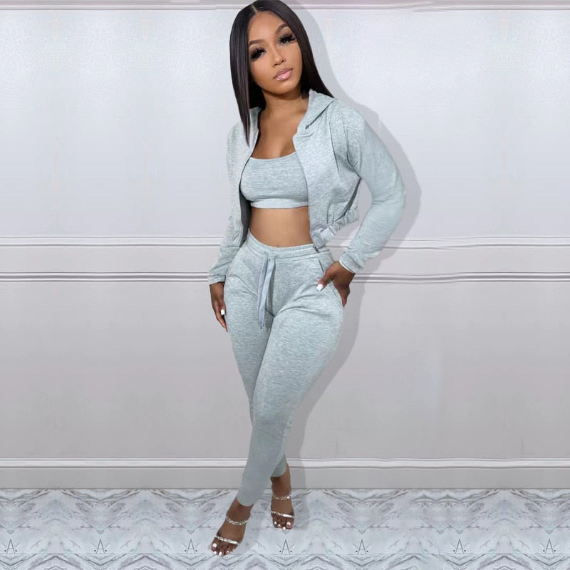 3 Pieces Set Women Casual Hoodies Sweatshirt Sexy Crop Tops and High Waist Pants Long Sleeve
