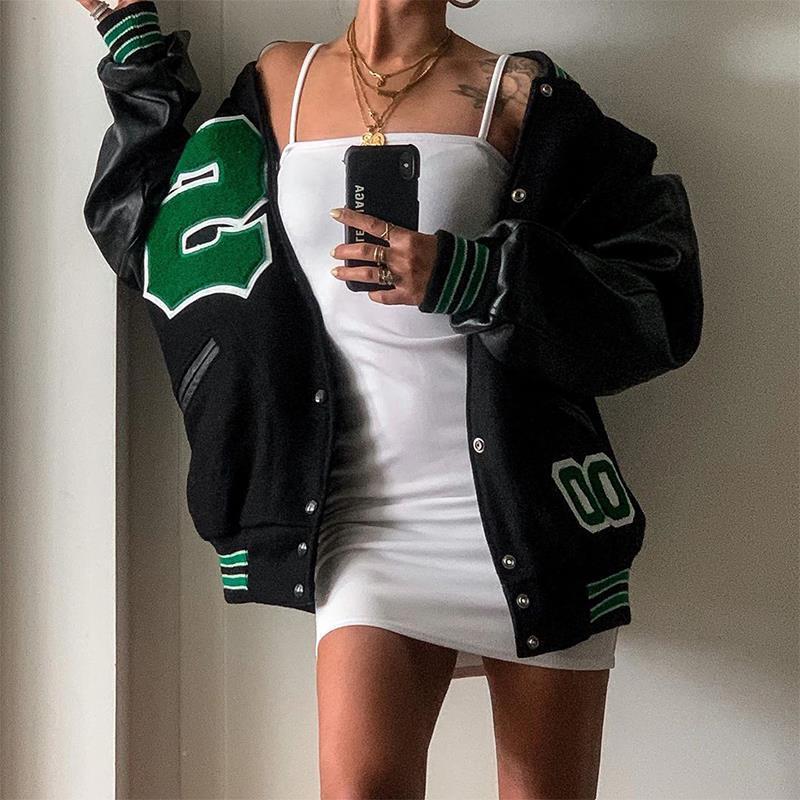 Varsity Jackets Fashion Oversized Long Sleeve Bomber Loose Black Baseball Vintage Y2K Coat