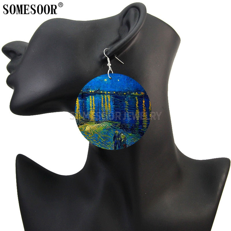 SOMESOOR Genius Painter Van Gogh Arts Portrait Wooden Drop Earrings Starry Night Sunflower Painting Women Dangle Jewelry Gift