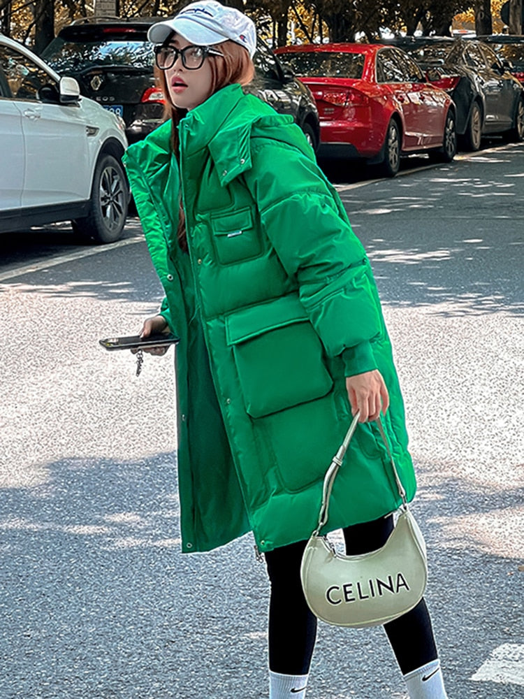 2022 Winter Mid-Long Parkas Jackets Women Solid Casual Thick Warm Hooded Coat Female Korean Cotton Padded Loose Puffer Coats