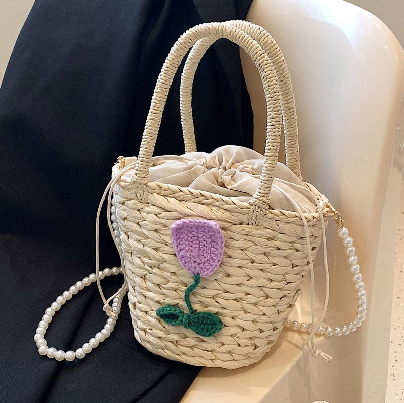 Handmade Woven Straw Bucket Bag Women Designer Handbags Bohemian Rattan Beach Bags Ins Chic Crossbody Shoulder Bag Shopper Tote