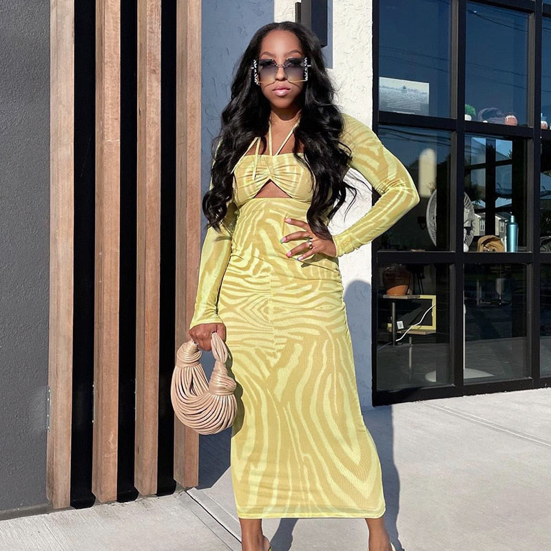 Sexy Halter Lace Up Ruched Long Sleeve Bodycon