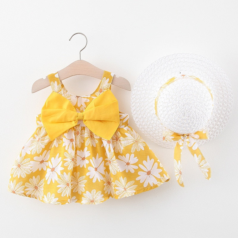 2pcs Summer Baby Girls Beach Princess Dress Cute Bow Flowers Sleeveless Cotton Toddler Dresses+Sunhat Newborn Clothing Set