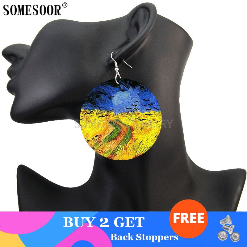 SOMESOOR Genius Painter Van Gogh Arts Portrait Wooden Drop Earrings Starry Night Sunflower Painting Women Dangle Jewelry Gift