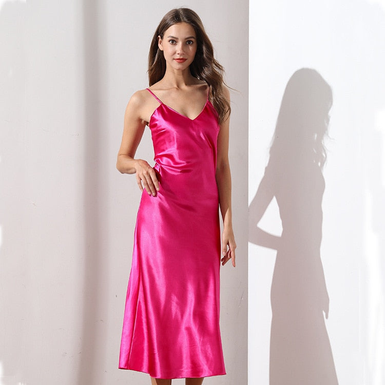 Satin Nightgown Long Slip Sleep Dress Silk V Neck Sleepwear Solid Color Nightwear