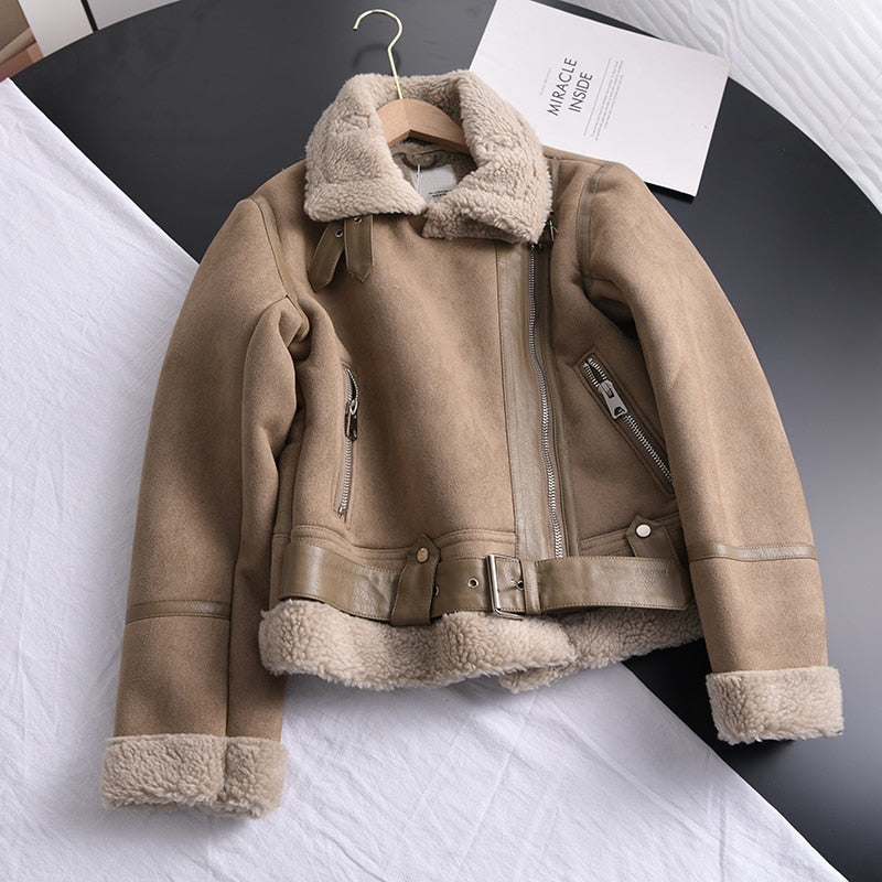 Winter Women Thick Warm Suede Lamb Jacket Short Motorcycle Brown Coats Faux Shearling Sheepskin Leather Jackets Outwear