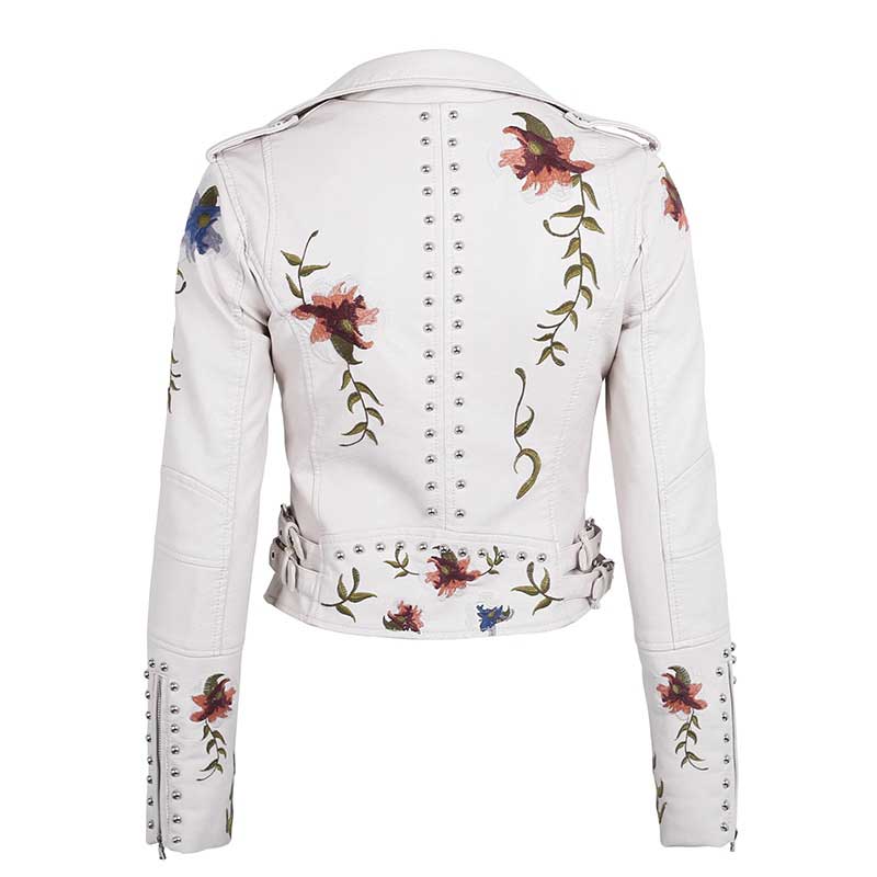 Ailegogo Spring Autumn Flowers Embroidery Pu Leather Jacket Women Turn-down Collar Rivet Zipper Black Biker Coats Tops Clothes