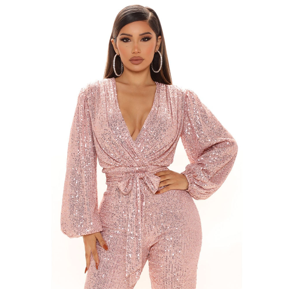 Sexy V Neck Puff Sleeve Sequined Bind Wide-legged Jumpsuit Romper Overalls