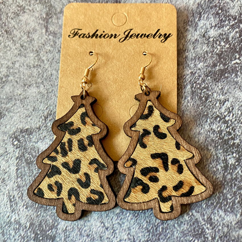 Xmas Tree Wood Bezel Cheetah Print Genuine Leather Christmas Earrings for Women Red Green Glitter Leather Christmas Tree Earring