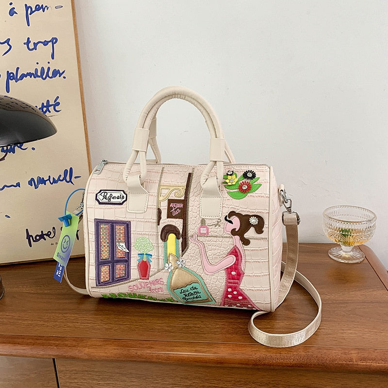 Crocodile Pattern Leather Crossbody Bags Luxury Designer Handbags Fashion Cartoon Embroidered Casual Totes