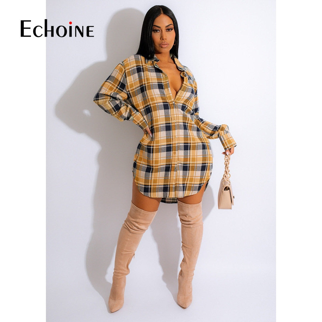 Turn-down Collar Long sleeve Single Breasted Plaid Slim Coat Shirt Dress