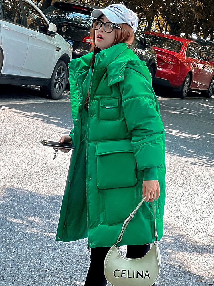 2022 Winter Mid-Long Parkas Jackets Women Solid Casual Thick Warm Hooded Coat Female Korean Cotton Padded Loose Puffer Coats