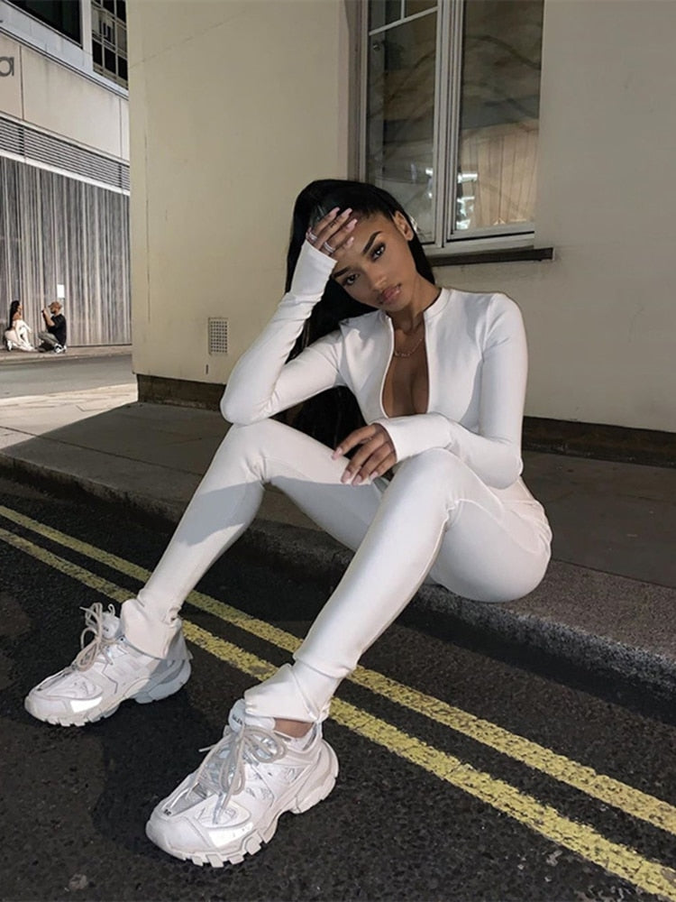 Sisterlinda White Rompers Womens Jumpsuits Elegant Long Sleeve Overalls Night Party Zipper Playsuits Slim Outifts Streetwear2022