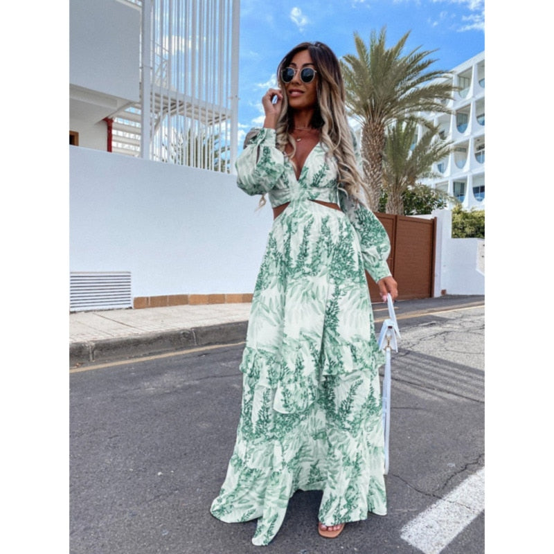 Women Tunic Beach Cover Up Sexy V-Neck Backless Hollow Out Lantern Sleeve Maxi Dress Female Club Party Long Dresses