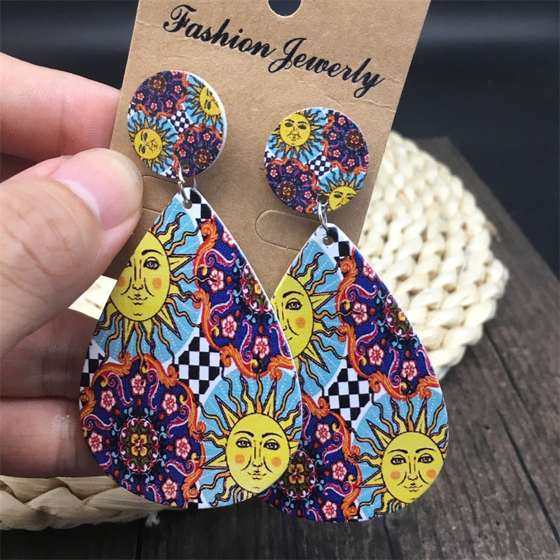 Bohemian Ethnic Church Ceramic Pattern Statement Earrings Vintage Wooden Big Round Water Drop Earrings For Women Jewelry Gift