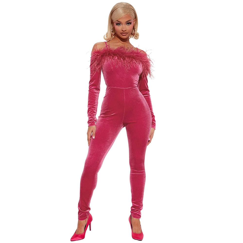 New velvet Sexy Slim Tube Top Feather One Piece Jumpsuit Off Shoulder Bodysuit