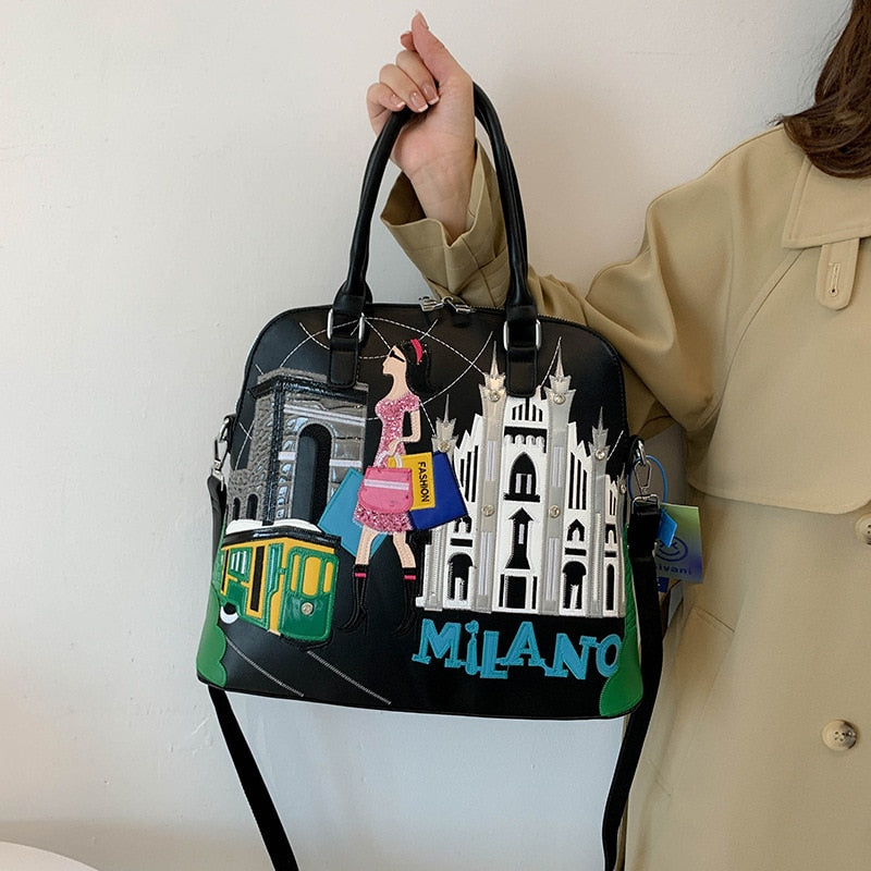 Cartoon Embroidery Backpack Women Shell Purses and Handbags Fashion Designer Ladies Shoulder Bags High Quality Female Totes