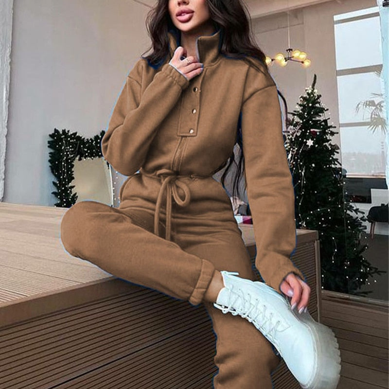 Casual Stand Collar Jumpsuits Women Autumn Winter Zipper One Piece Long Sleeve Outfit Solid Loose Drawstring Rompers Tracksuits