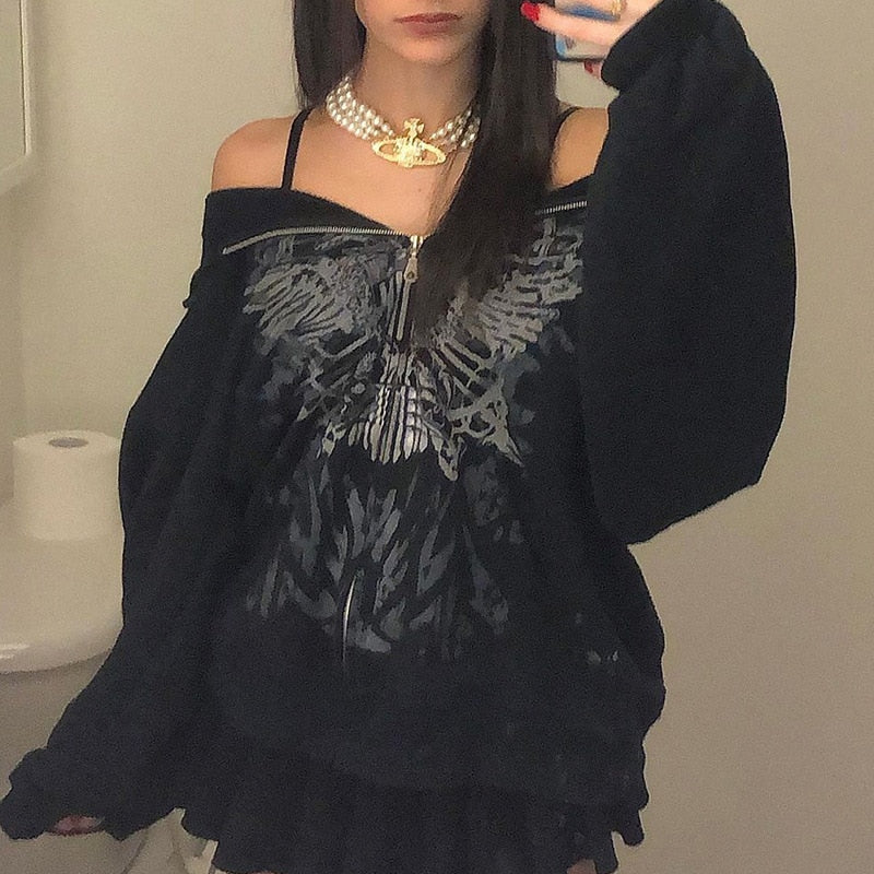 Y2k Hoodie Zip up Oversized Top Gothic Clothe Vintage Punk Blouse Grunge