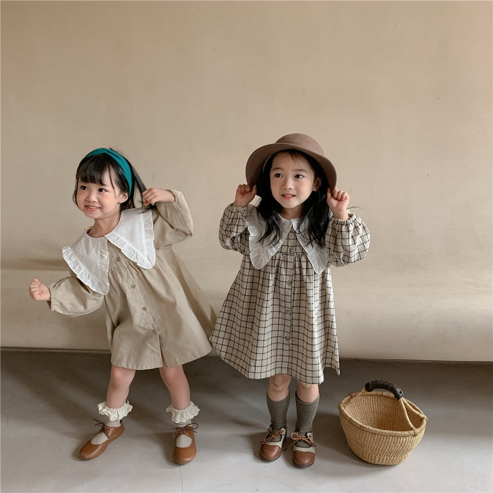 Baby Girls Dress Casual Plaid Clothes Summer  New Korean Cotton Linen Girls Princess Dress Big Turn Down Collar Dress