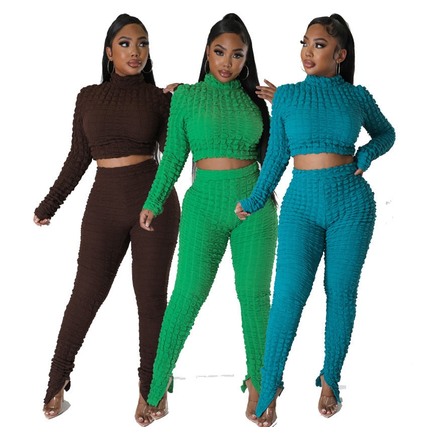 Turtleneck Solid Long Sleeve Crop Top split Pant