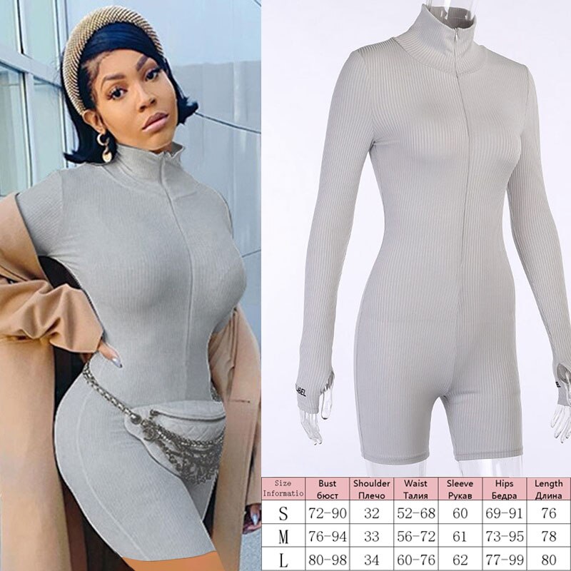 Knitted Zip Up Long Sleeve Women Jumpsuits Elegant Pure Color Bodycon Rompers Bright Line Patchwork Workout Loungewear Jumpsuit