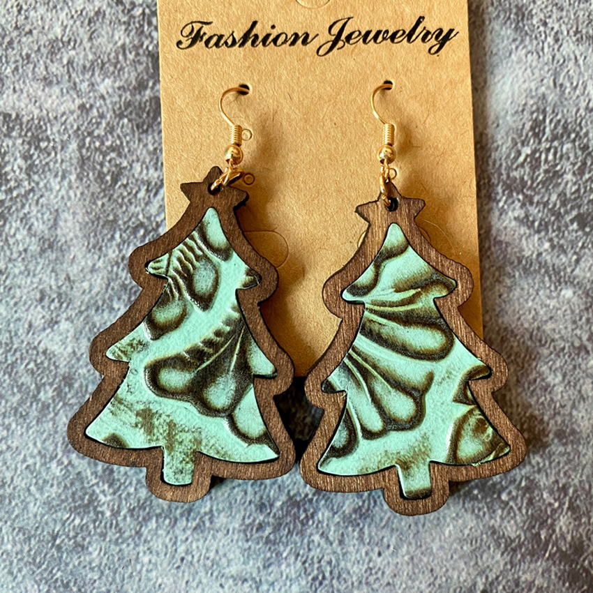 Xmas Tree Wood Bezel Cheetah Print Genuine Leather Christmas Earrings for Women Red Green Glitter Leather Christmas Tree Earring