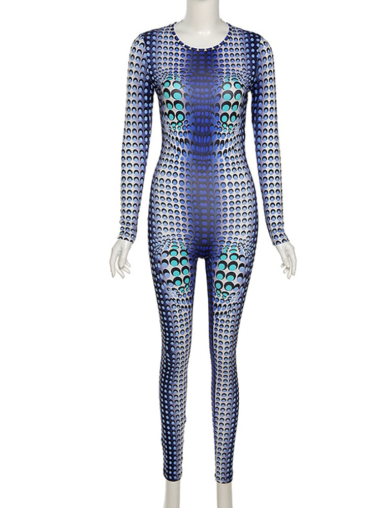 Simenual Workout Printing Bodycon Long Sleeve Rompers Womens Jumpsuit Streetwear Blue Autumn Fashion One Piece Outfit Sportswear