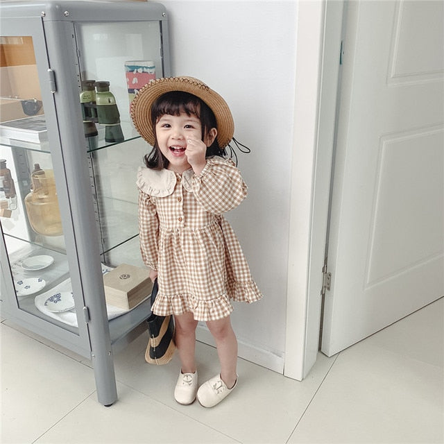 Baby Girls Dress Casual Plaid Clothes Summer  New Korean Cotton Linen Girls Princess Dress Big Turn Down Collar Dress
