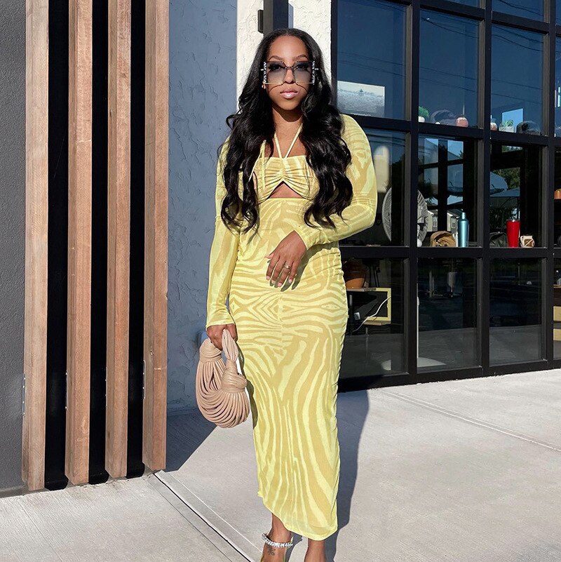 Sexy Halter Lace Up Ruched Long Sleeve Bodycon