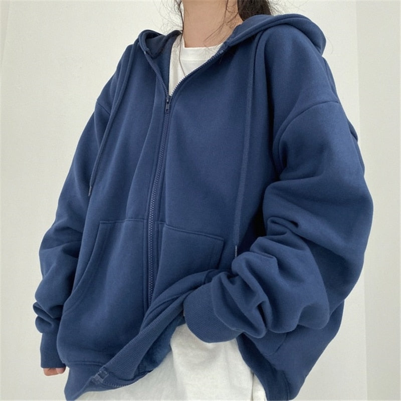 Oversize Women Hoodies Casual Solid Zip Up Hooded Sweatshirt