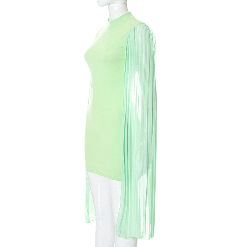 Long Slevve Slit Backless Bodycon Mesh Patchwork Mini Dress