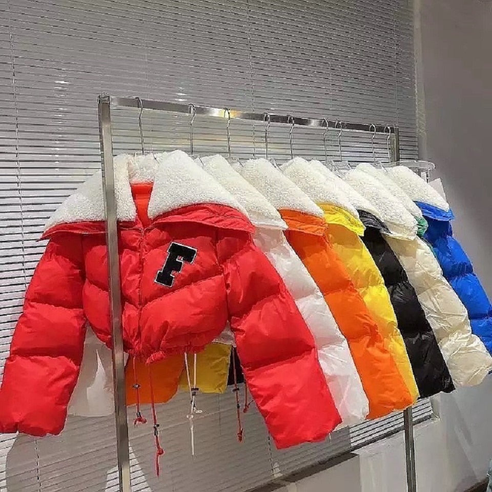 Bubble Puffer Coats Crop Jacket Fur Collar Casual Thick Warm Down Cropped Coat 2022 Women Y2K Clothes Streetwear Letter Jakcets