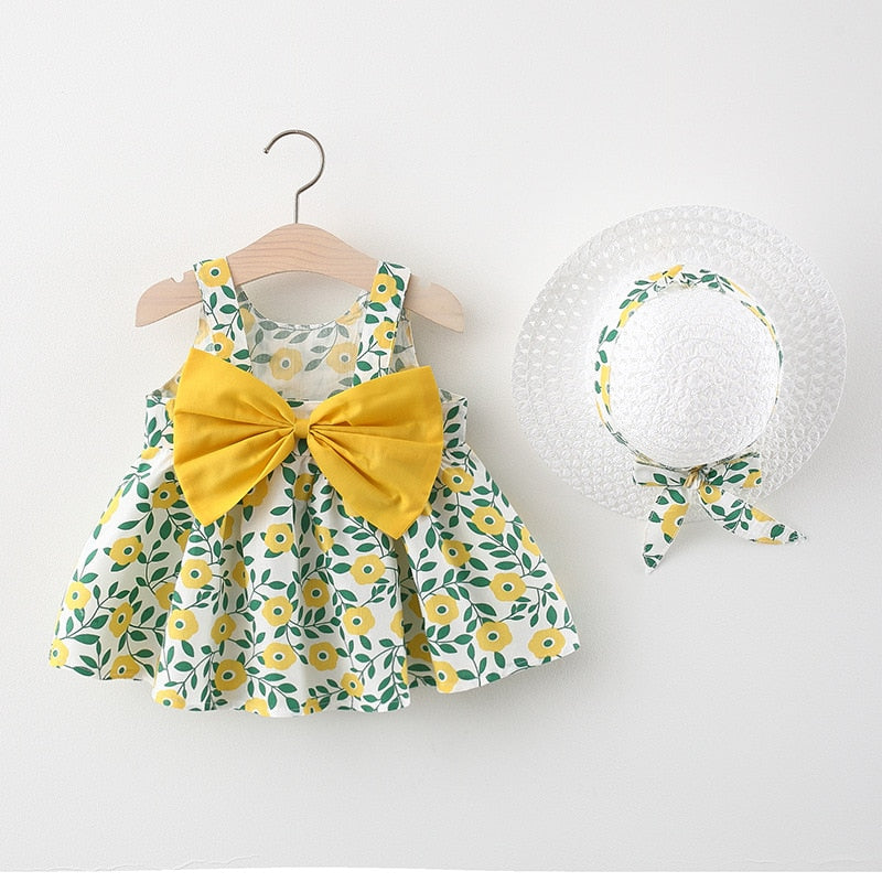 2pcs Summer Baby Girls Beach Princess Dress Cute Bow Flowers Sleeveless Cotton Toddler Dresses+Sunhat Newborn Clothing Set